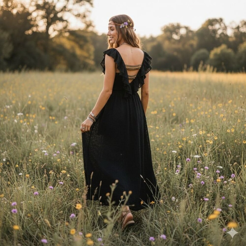 Pho Firenze M Black Lace Ruffle Maxi Dress With Open Back Embellished Straps